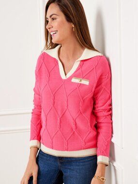 Talbots Pink Lattice Cable-Knit Johnny Collar Sweater Nautical Preppy Coastal SP